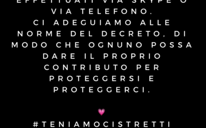 Da oggi tutti i colloqui saranno effettuati via Skype o via telefono. Ci adeguiamo alle norme del Decreto per proteggersi e per proteggerci